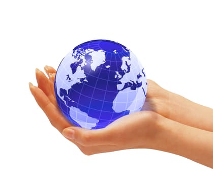 Woman's hands holding the earth globe. On white background. Clipping path included
