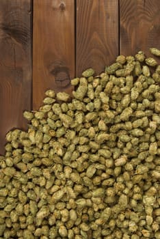many dried hop cones on old weathered wooden boards