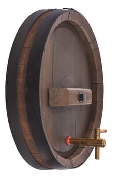 Old oak beer barrel insulated with brass tap On White