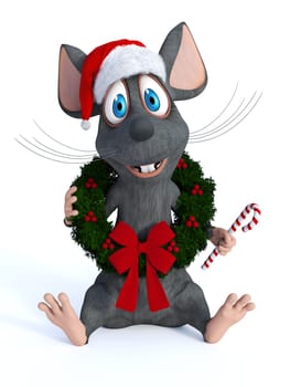 A cute smiling cartoon mouse sitting on the floor with a Christmas wreath around his neck, wearing a Santa hat and holding a candy cane in his hand. White background.