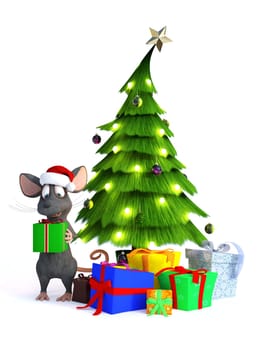 A cute smiling cartoon mouse wearing a Santa hat and holding a gift in his hands. Beside him is a Christmas tree with presents under it. White background.