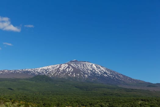 The Volcano Aetna in Sicily smokes in front of a blue sky