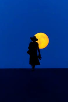 A woman with a hat walks down a street at night at full moon