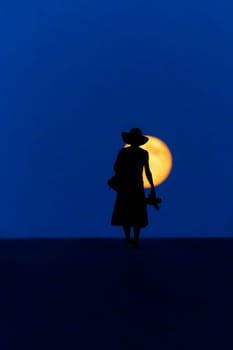 A woman with a hat walks down a street at night at full moon