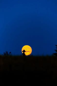 The silhouette of a woman with a hat in front of a full moon