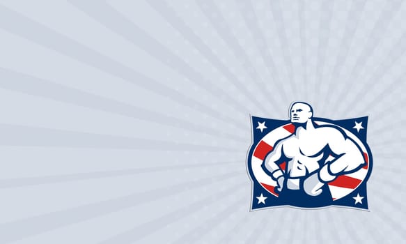 Business card showing illustration of a champion American boxer hands on hip viewed from front set inside oval with stars and stripes done in retro style.