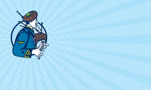 Business card showing illustration of a scotsman bagpiper playing bagpipes viewed from side set inside circle.