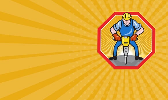 Business card showing illustration of a construction worker with jack hammer pneumatic drill done in cartoon style set inside hexagon.