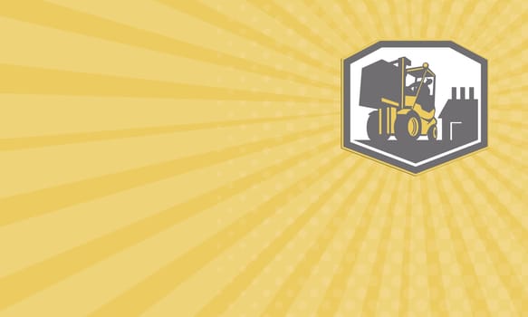 Business card showing illustration of a forklift truck and driver at work lifting handling box crate with logistics warehouse factory in background done in retro style inside shield crest shape.