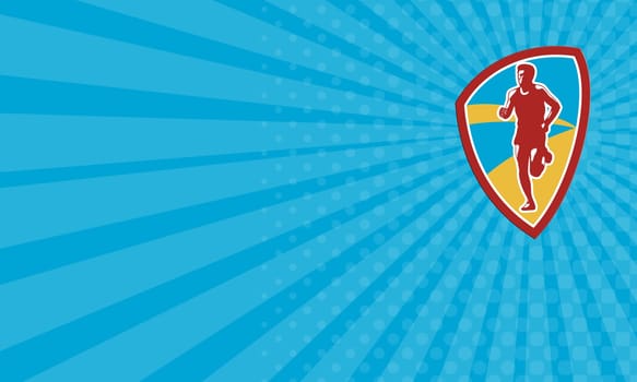 Business card showing illustration of marathon triathlete runner running facing front view set inside shield crest on isolated done in retro style.