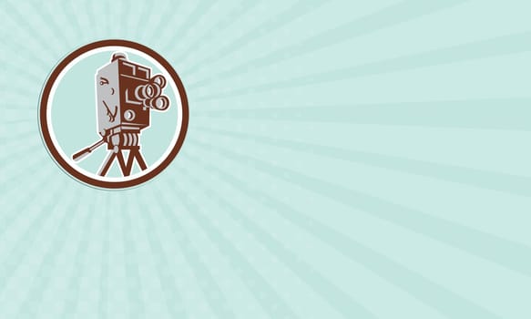 Business card showing illustration of a vintage movie film camera set inside circle viewed from low angle done in retro style on isolated background.
