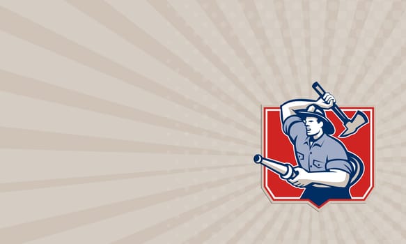 Business card showing illustration of a fireman fire fighter emergency worker with fire hose wielding a fire axe set inside crest shield done in retro style.