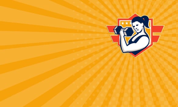 Business card showing illustration of a woman lifting dumbbell weight training set inside shield crest shape done in retro style.