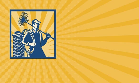 Business card showing illustration of a chimney sweeper cleaner worker with sweep broom viewed from side with chimney stack set inside square done in retro style.