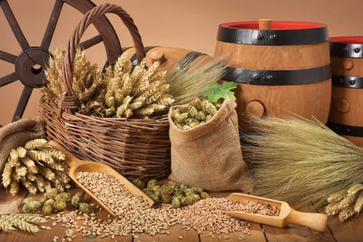 Three beer barrels with wheat,barley,hops and malt