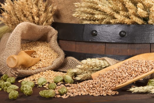 Beer barrel with wheat,barley,hops and malt