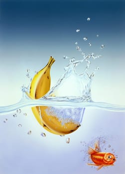 banana splashing into clear water with gold fish scared. This illustration was made by hand, using airbrush techique.