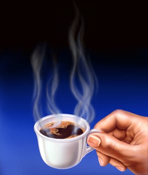 Espresso cup, held by a man hand. Close up airbrush illustration. Smoke is coming up from the cup.
