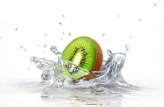 kiwi splashing into clear water on white background.