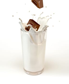 Chocolate cubes splashing into a milk glass. On white background.