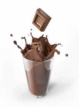 Chocolate blocks falling into a glass full of liquid chocolate, splashing. On white background.