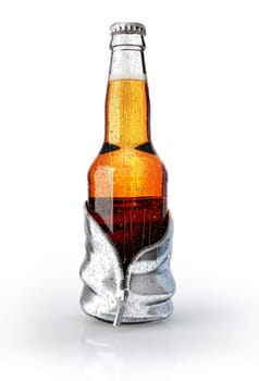 Beer bottle clear, taking off a skin with zip, giving the feeling it's doing a striptease. Concept image that allow to several interpretations. 3 D rendering on white background.
