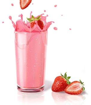 Strawberries splashing into a milkshake glass, with two straberries on the floor. On white background and reflection on surface.