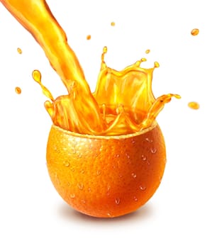 Orange fresh fruit cut in half, with an juice splash in the middle.