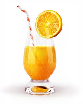 Orange juice in a glass with straw and slice. With condensation droplets on white background.