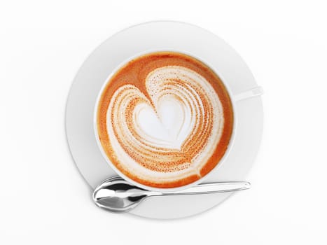 Cappuccino mug close up, with a heart decorated on top of foam. Top view. On white background with clipping path.