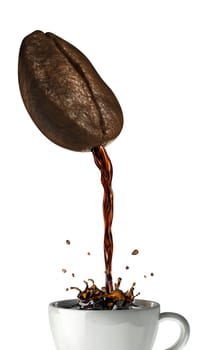 Huge coffee bean with hole pouring coffee into a mug splashing. On white background, with clipping path included.