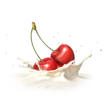 Two red cherries falling into milk forming a crown splash. On white background.