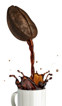 Huge coffee bean with hole pouring coffee into a mug splashing. On white background.