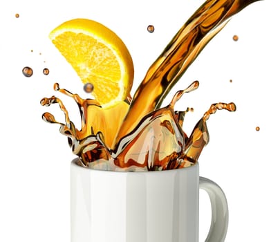 Pouring lemon tea splashing into a glass mug. On white background.