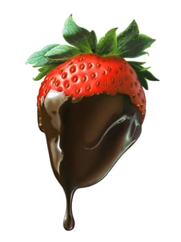 Strawberry half covered by liquid chocolate dripping. On white background with clipping path.