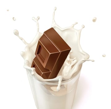 Chocolate block falling into a glass mug full of fresh milk. On white background. Clipping path included.