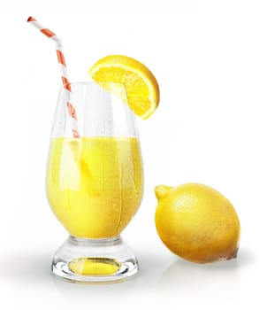 Lemon fruit and glass of juice with straw and clove. On white background.