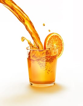 Orange juice pouring into a glass splashing. On a white surface and white background. Clipping path included.