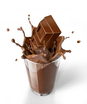 Chocolate cubes splashing into a chocolate milkshake glass. Bird eye view, on white background. Clipping path included.