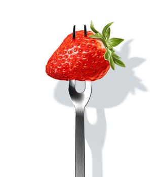 Strawberry on fork. Close up view on white background, with drop shadow. Clipping path included.