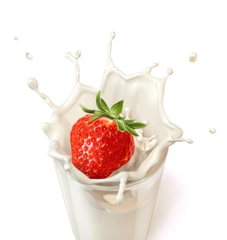 Strawberry falling into a glass of milk creating a splash. On white background. Clipping path included.