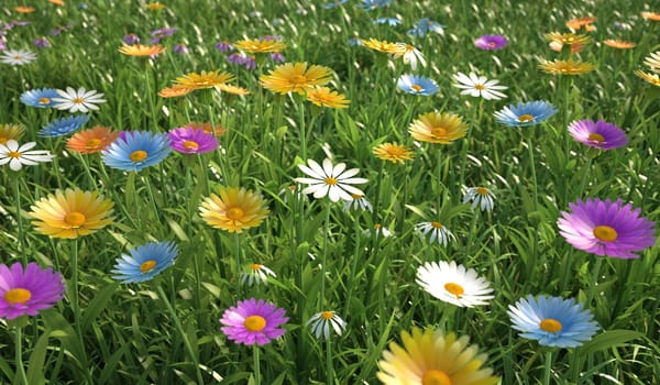 Close up view of a grass filed, plenty of multicolored flowers.