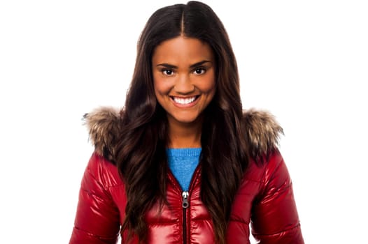 Smiling cute girl in red jacket
