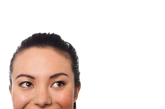 Closeup of woman's face, looking away.