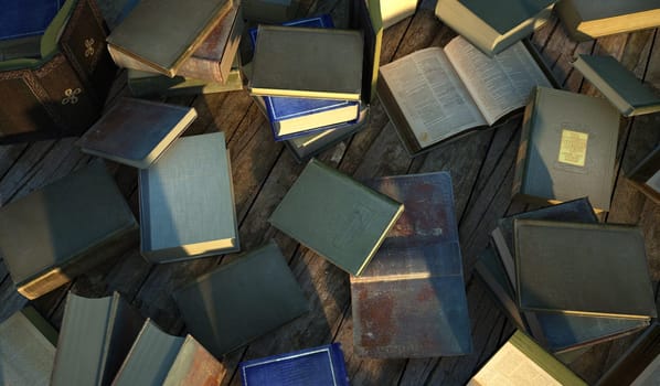 Many old and ancient books, spread over a wooden surface.
