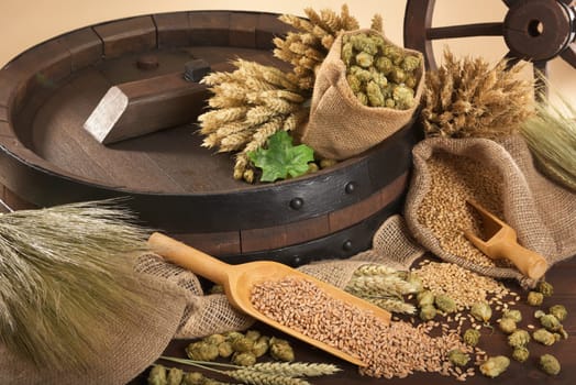 Beer barrel with wheat,barley,hops and malt