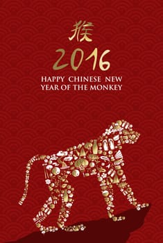 2016 Happy Chinese New Year of the Monkey ape silhouette made from gold china asian culture symbols and icons with traditional calligraphy text. EPS10 vector.      .