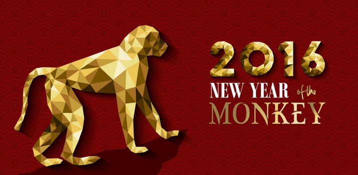 2016 Happy Chinese New Year of the Monkey greeting card design with ape silhouette in gold low poly geometry style. EPS10 vector.