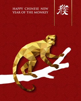 2016 Happy Chinese New Year of the Monkey greeting card design with gold low poly ape on tree branch over red pattern background. EPS10 vector.