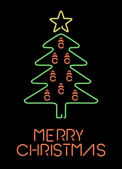 Merry christmas retro neon design, colorful xmas pine tree outline with ornament baubles and star decoration. Ideal for holiday greeting card or poster. EPS10 vector.